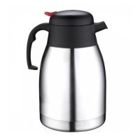 2 litre hacimli, parlak paslanmaz çelik dış yüzeye sahip, ergonomik taşıma kulplu ve siyah düğmeli kapaklı çelik çay termosu.