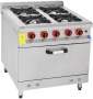 80x80x85 cm boyutlarında, 4 ocak gözü ve 1 fırın kapasiteli paslanmaz çelik gazlı kuzine. 30,4 kW ısıl güce sahip, 100 kg ağırlığında, güvenlik valfli ve pik döküm ızgaralı, LPG/Doğalgaz dönüşümlü profesyonel kuzine fırın.